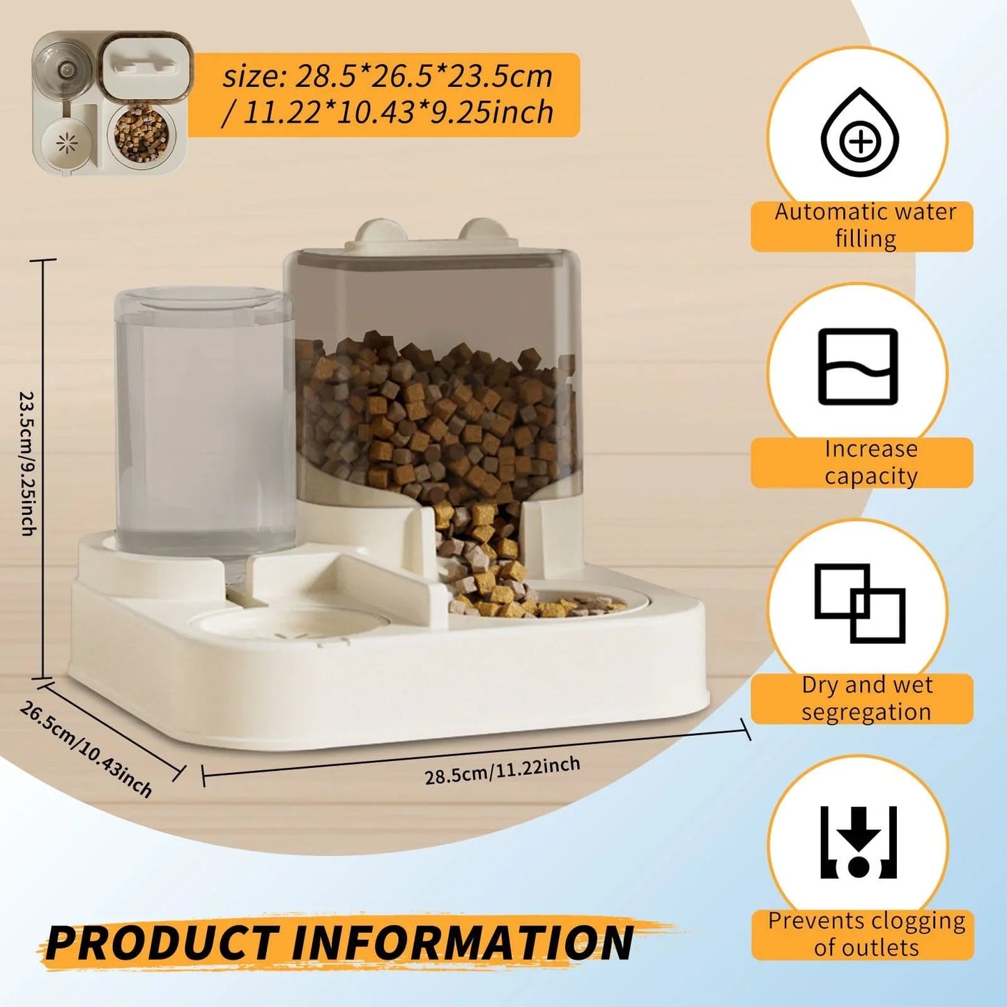Automatic Pet Feeder & Waterer, 26.5x24x19cm Gravity Food And Water Dispenser Station, Dry & Wet Food Separation Anti-Clogging B