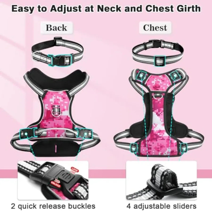 Dog Harness No Pull, Pet Harnesses with Dog Collar, Adjustable Reflective Oxford Outdoor Vest, Front/Back Leash Clips for,,, Ex