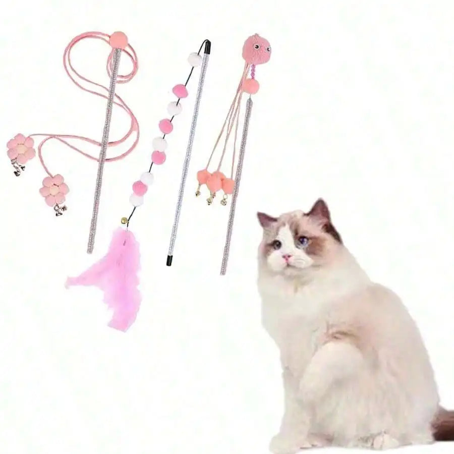Cat Teaser Wand Toy Set With Flower Tassel And Feather