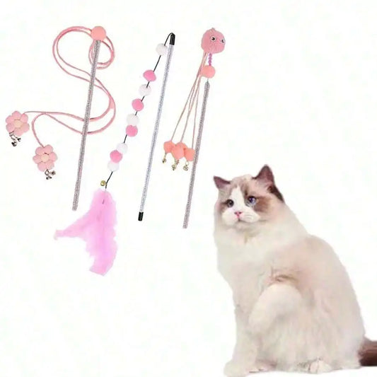 Cat Teaser Wand Toy Set With Flower Tassel And Feather