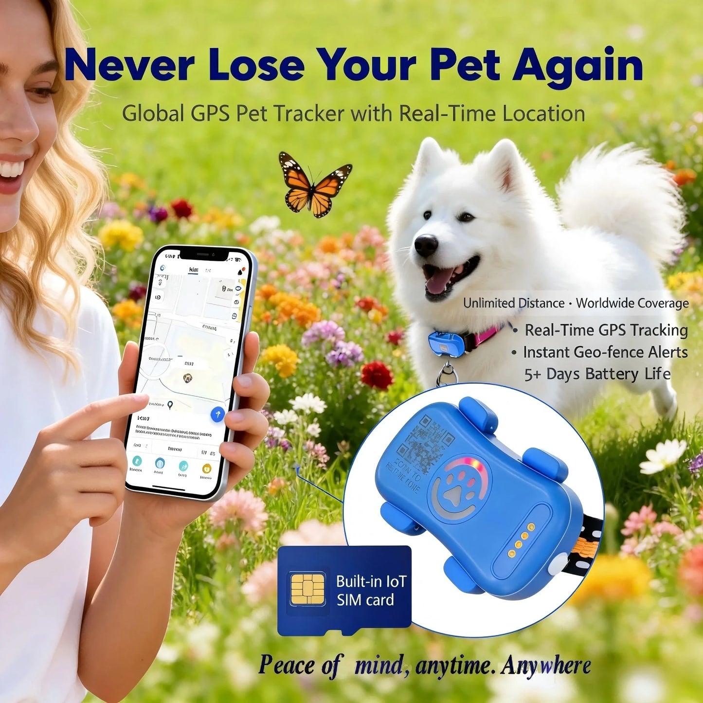 Wanwaytech GPS Pet Tracker With IoT SIM Unlimited Distance Tracking