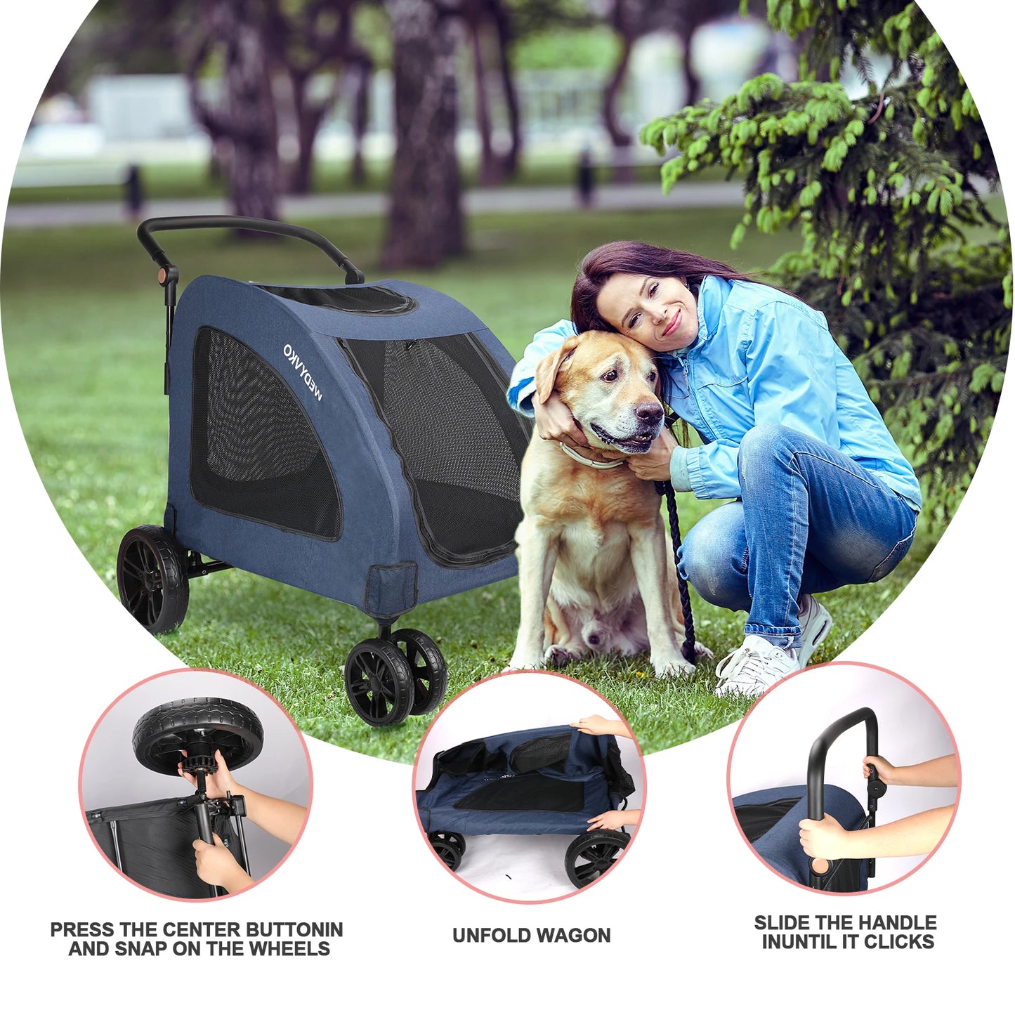 Heavy Duty Dog Stroller Foldable Wagon With 360 Degree Wheels