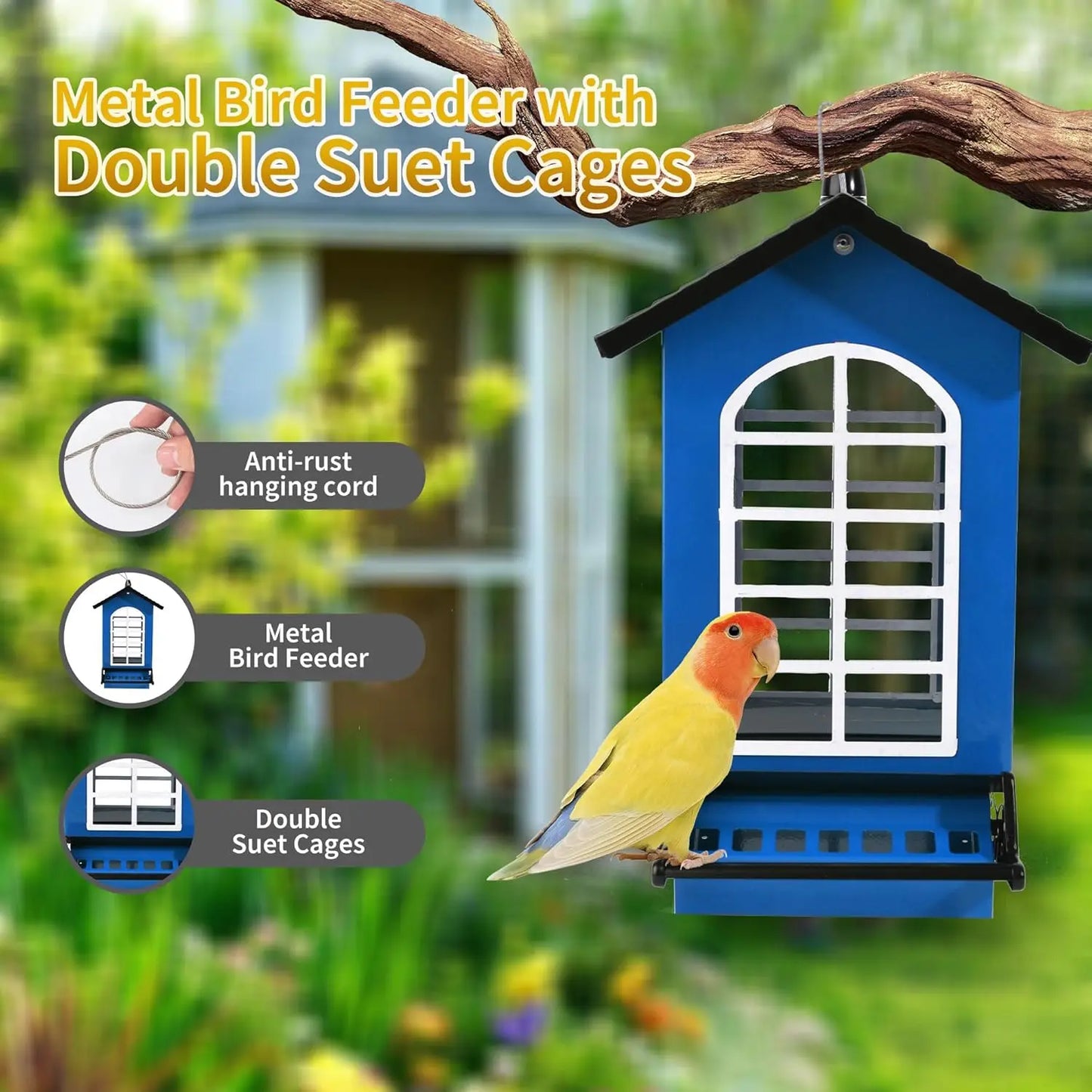 Squirrel Proof Metal Hanging Bird Feeder, 5LBS Capacity with Weight-Activated Perches for Outdoor Wild Birds - Blue