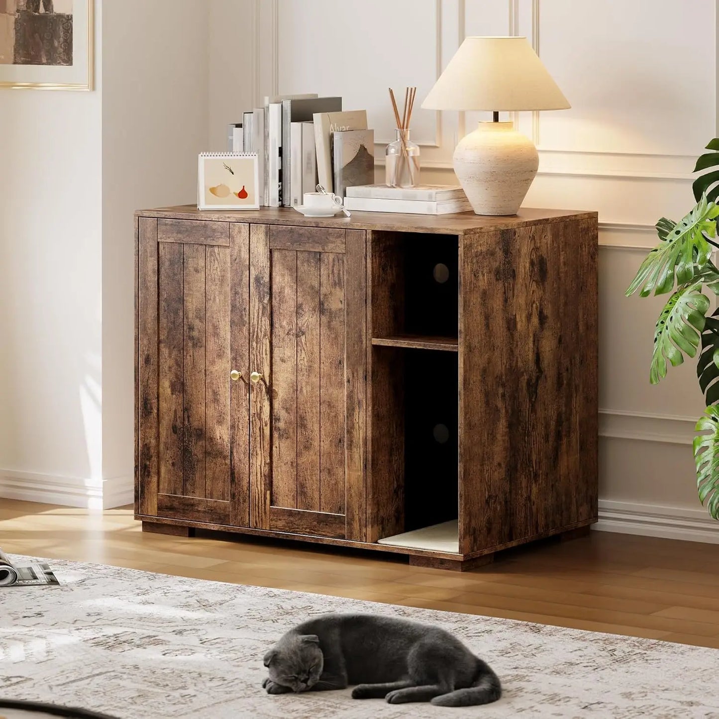 HiMISSCN Cat Litter Box Enclosure Cabinet With Built In Outlet