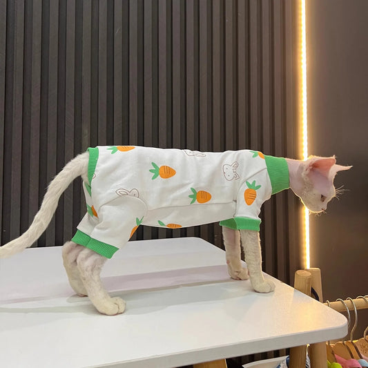 Cartoon Four-legged Clothes, Carrots, Bunny Prints, Hairless Cat Clothes, Sphynx Cats, Devon, All-inclusive, Hair-proof, Sleeved