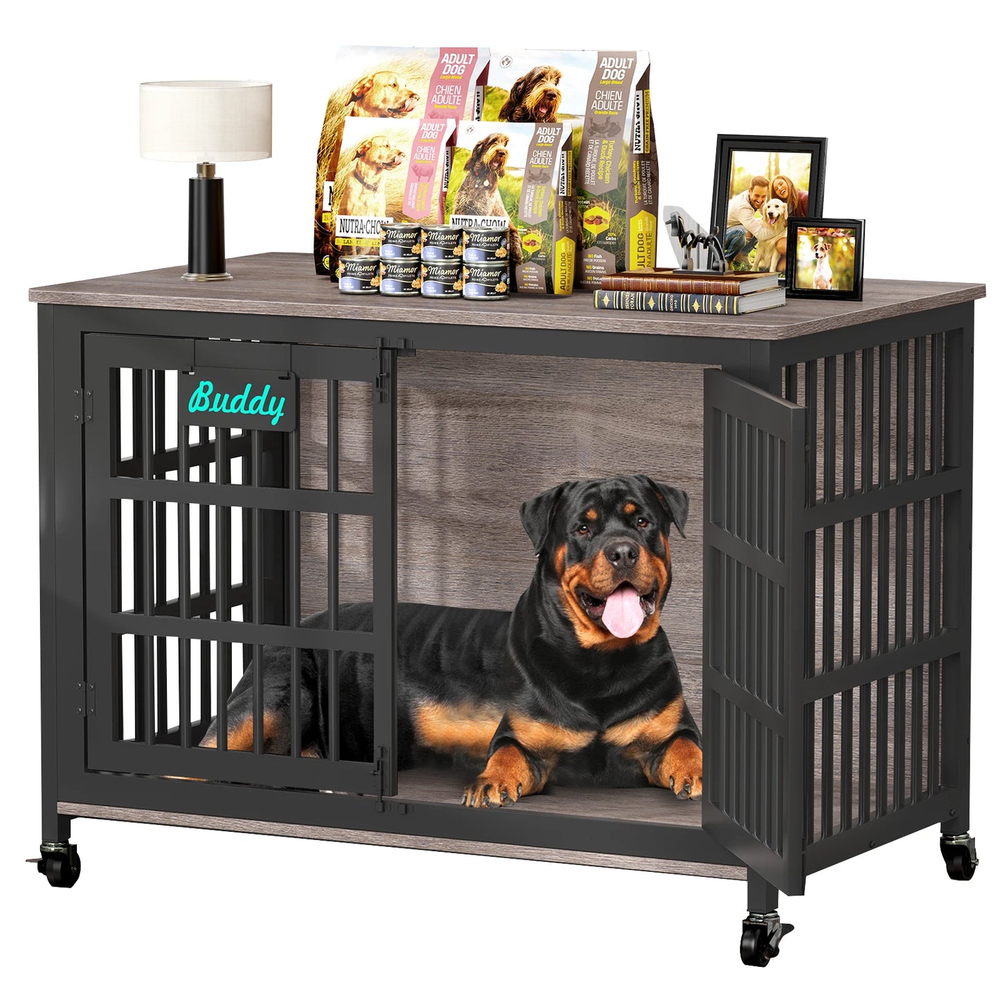 Heavy Duty Dog Crate Furniture With Casters For Large Dogs