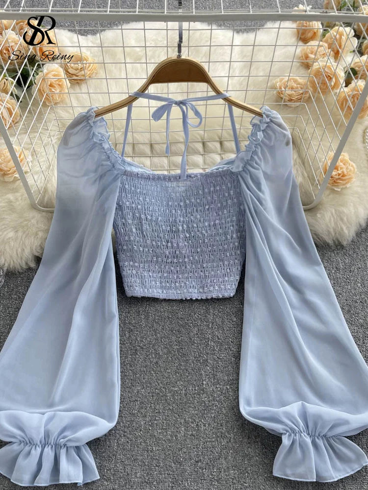 Polka Dot Folds Short Blouse Summer Slash Neck Long Sleeve Women Tie Halter Elastic Waist Fashion French Beach Top