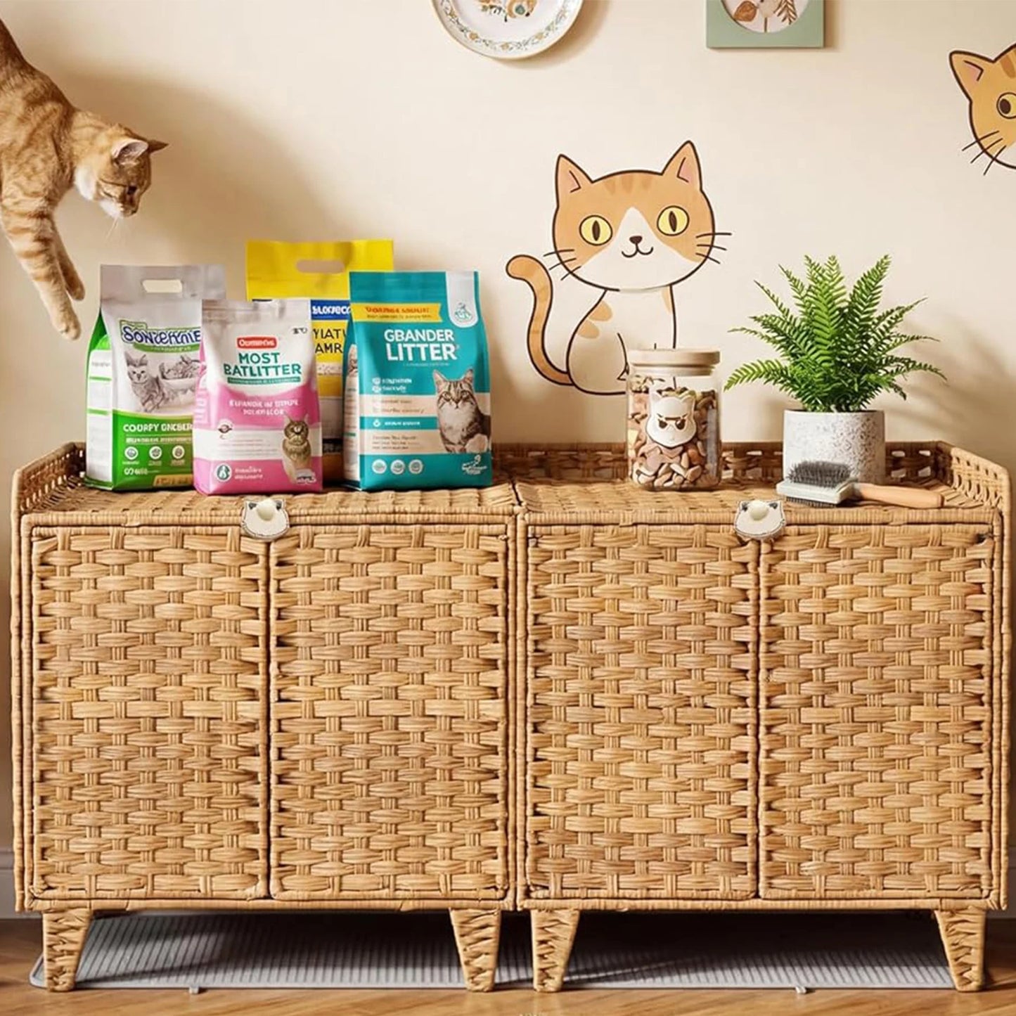 HiMISS Hidden Litter Box Enclosure Handwoven Rattan Cat Furniture