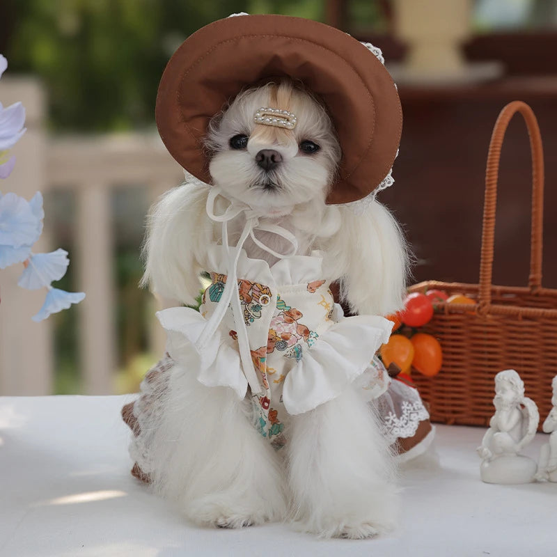 Dog Lace Dress And Maid Hat Set For Small Dogs Autumn Winter