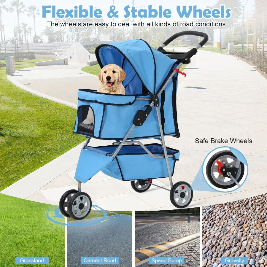 Three Wheel Folding Pet Stroller With Cup Holder And Storage