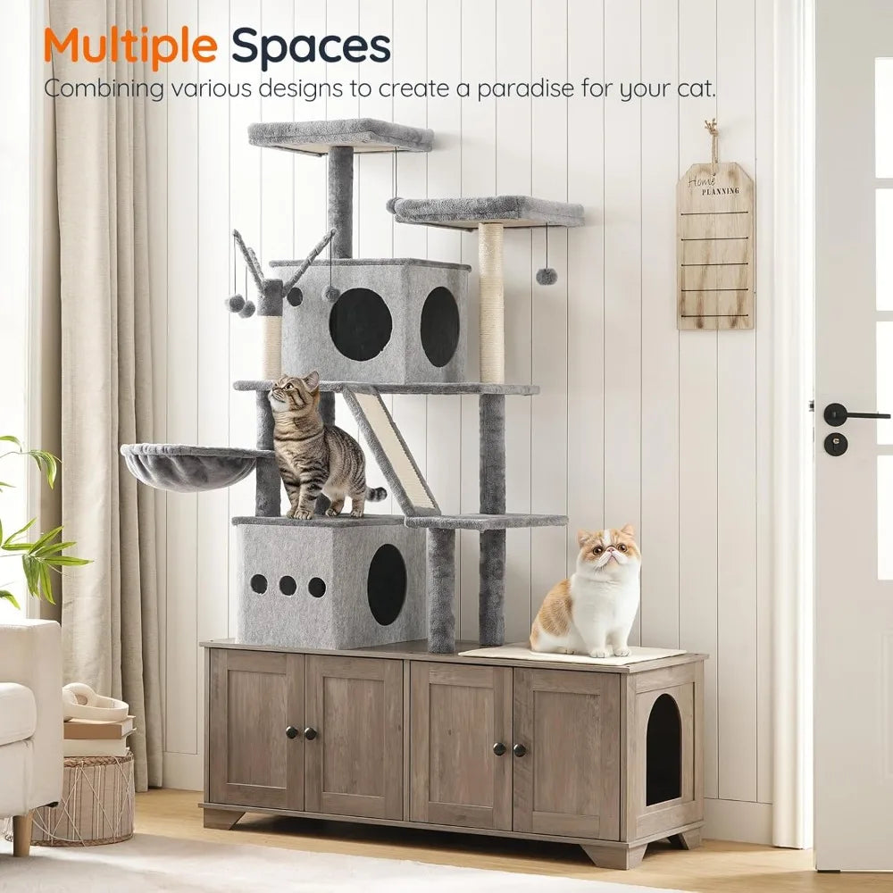 Double Litter Box Enclosure Cat Tree Bed