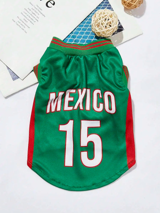 Mexican National Team Style Pet Jersey, Size 15, Striped With English Number Print, Contrast Color Collar And Ribbed Cuffs