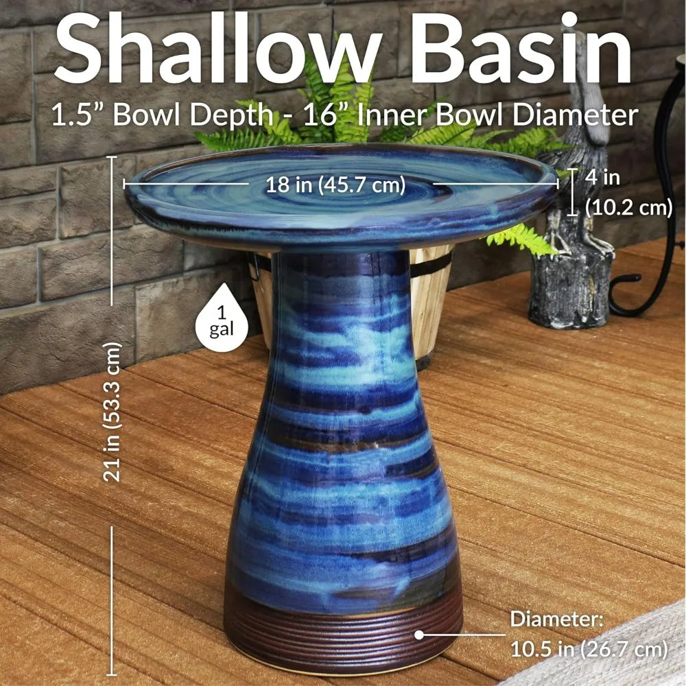 21 H Ceramic Bird Bath for Outside, Hand-Painted Outdoor Bird Bath Bowl, UV/Frost-Resistant Finish, Galaxy Blue
