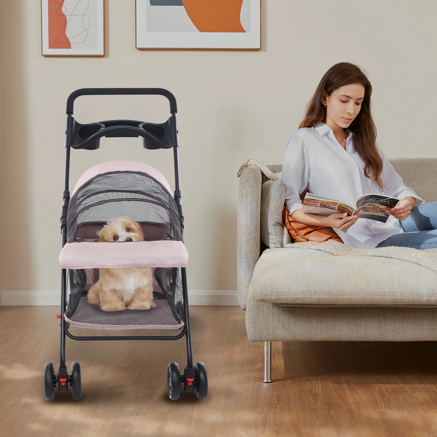 Foldable Pet Cart Carbon Steel Oxford Cloth 360 Front Wheels