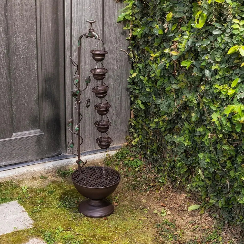 MAZ254 Outdoor loor Tiered Vintage Water ountain w/ 6 Hanging Cups, Soothing Tier Waterall, 38", Bronze