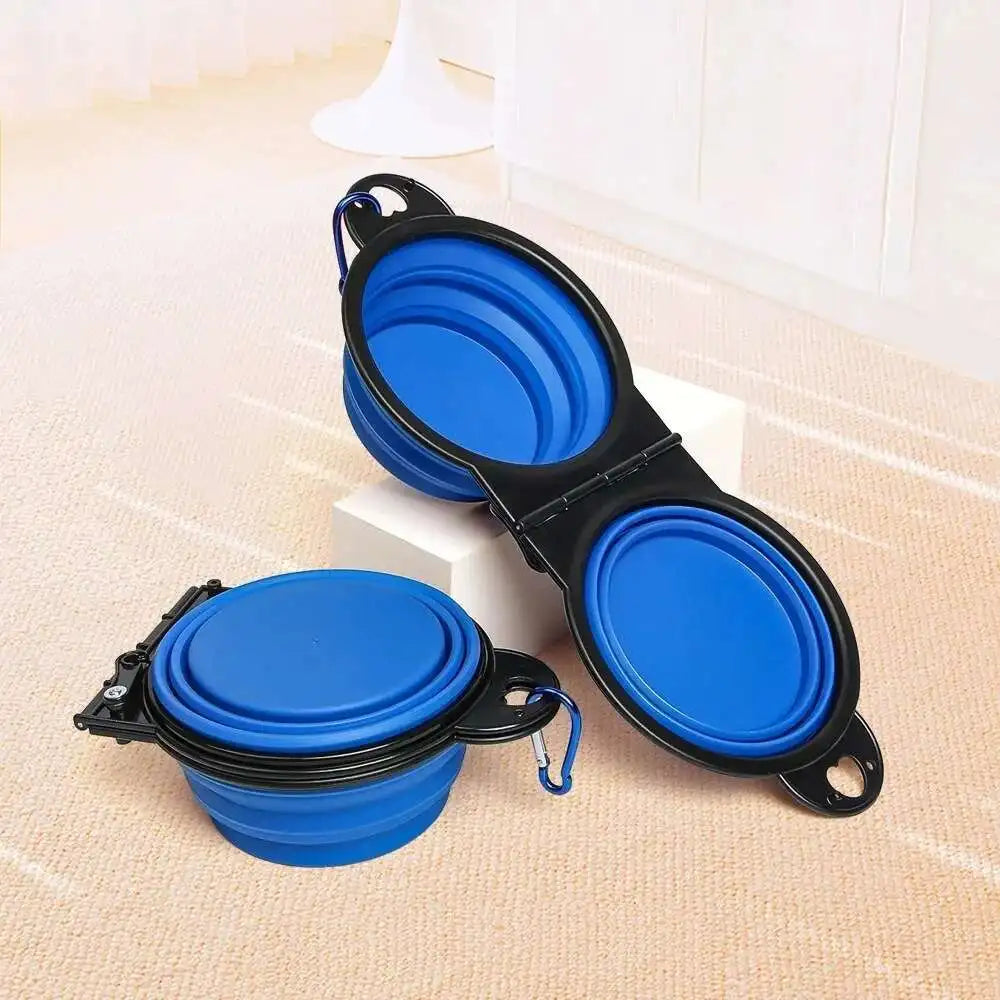 New 2 in 1 Collapsible Dog Travel Bowl Double Bowls Folding Food Water Bowl Portable Hangable Dog Feeder for Outdoor Dog Product
