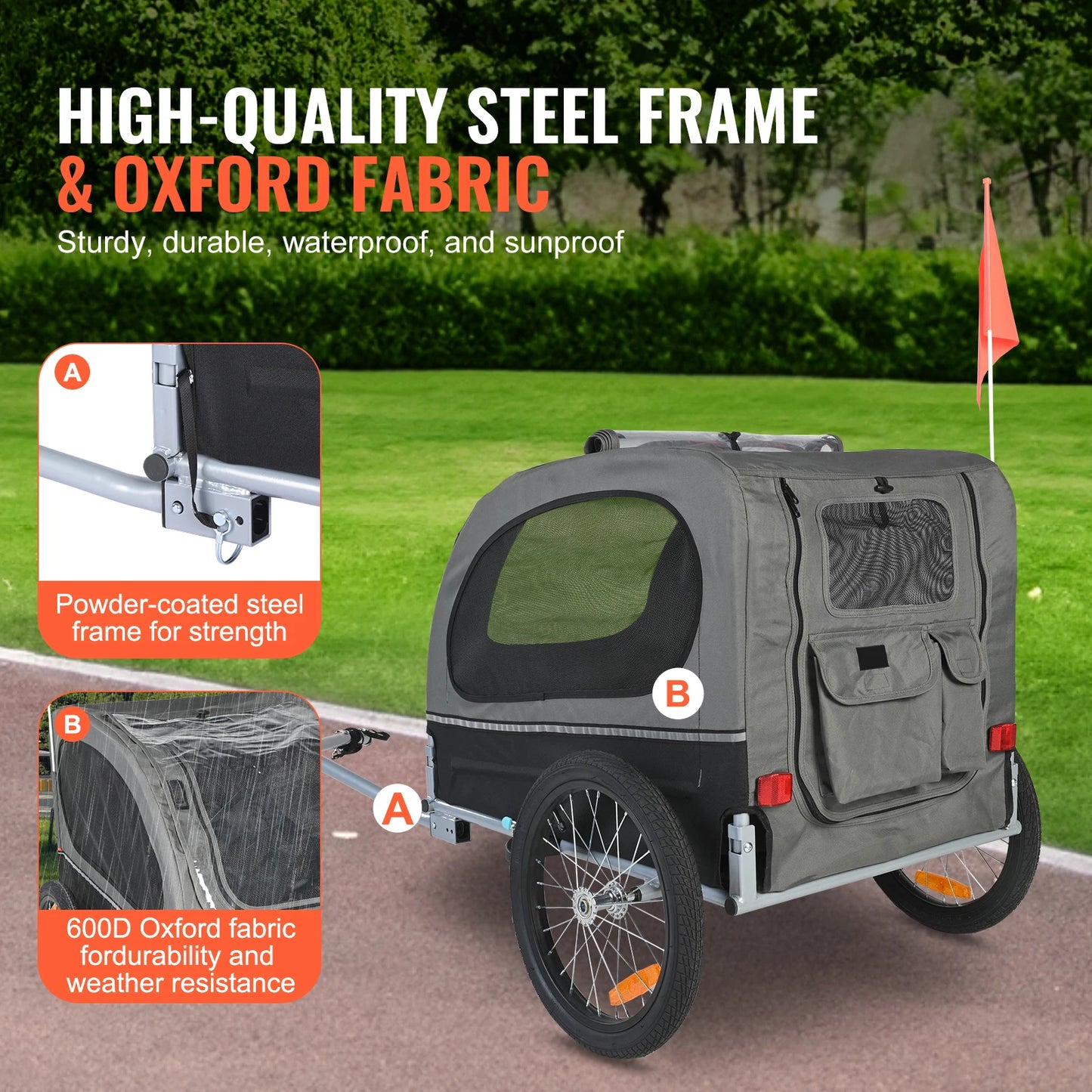 SucceBuy Collapsible Dog Bike Trailer Pet Cart With Wheels Reflectors