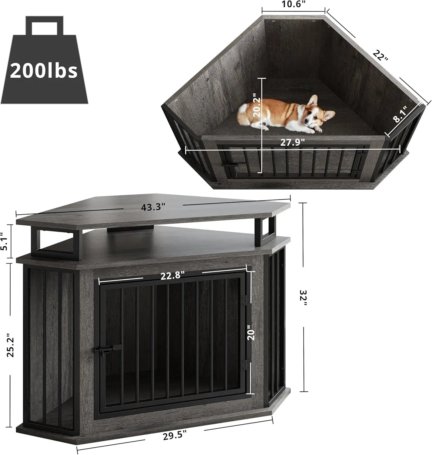 Corner Dog Crate With 2-Tier Shelves, Wooden Kennel Furniture Enclosure