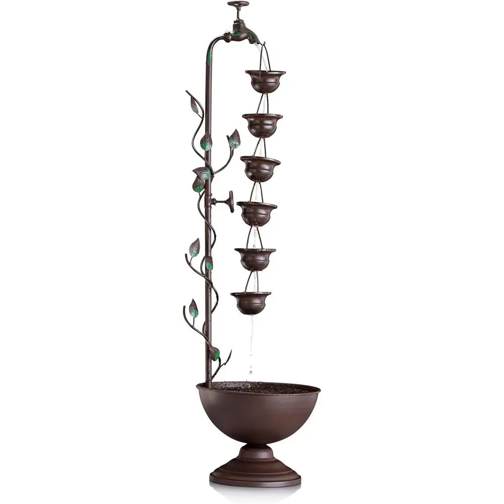 MAZ254 Outdoor loor Tiered Vintage Water ountain w/ 6 Hanging Cups, Soothing Tier Waterall, 38", Bronze