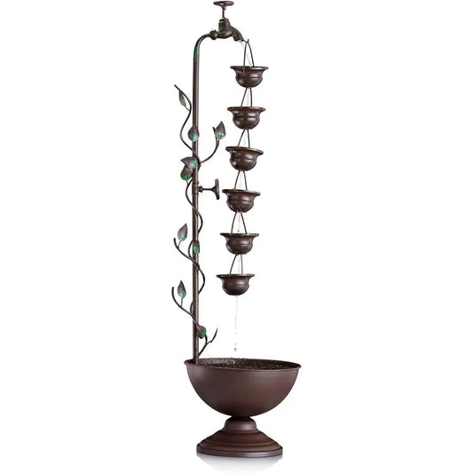 MAZ254 Outdoor loor Tiered Vintage Water ountain w/ 6 Hanging Cups, Soothing Tier Waterall, 38", Bronze