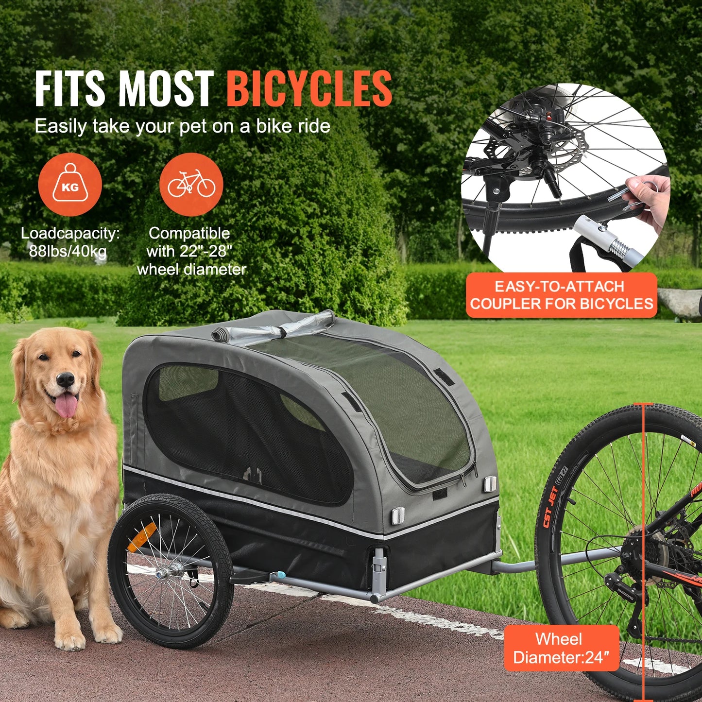 SucceBuy Collapsible Dog Bike Trailer Pet Cart With Wheels Reflectors