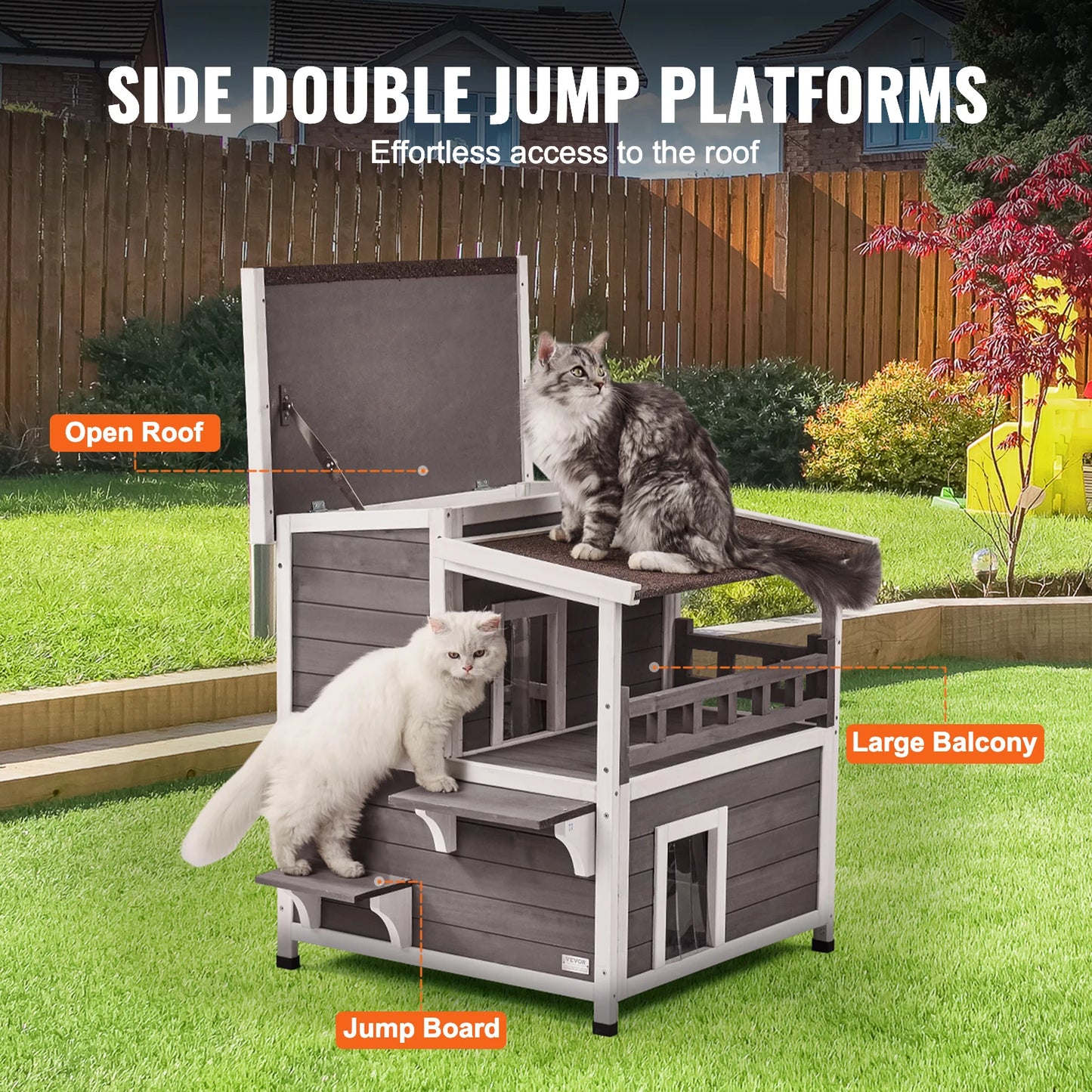 SucceBuy Outdoor Cat House Weatherproof 2-Story Wooden Shelter With Balcony