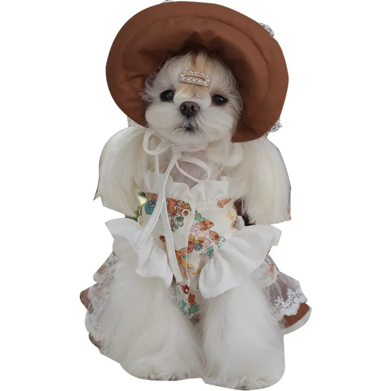 Dog Lace Dress And Maid Hat Set For Small Dogs Autumn Winter