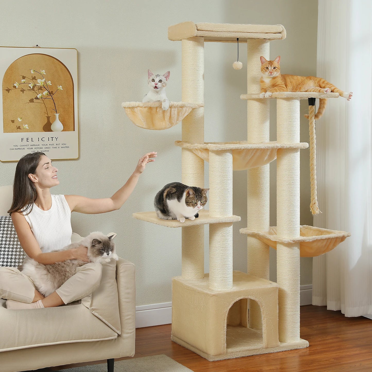 PEQULTICN Multi-Level Cat Tree With Scratching Posts And Condos
