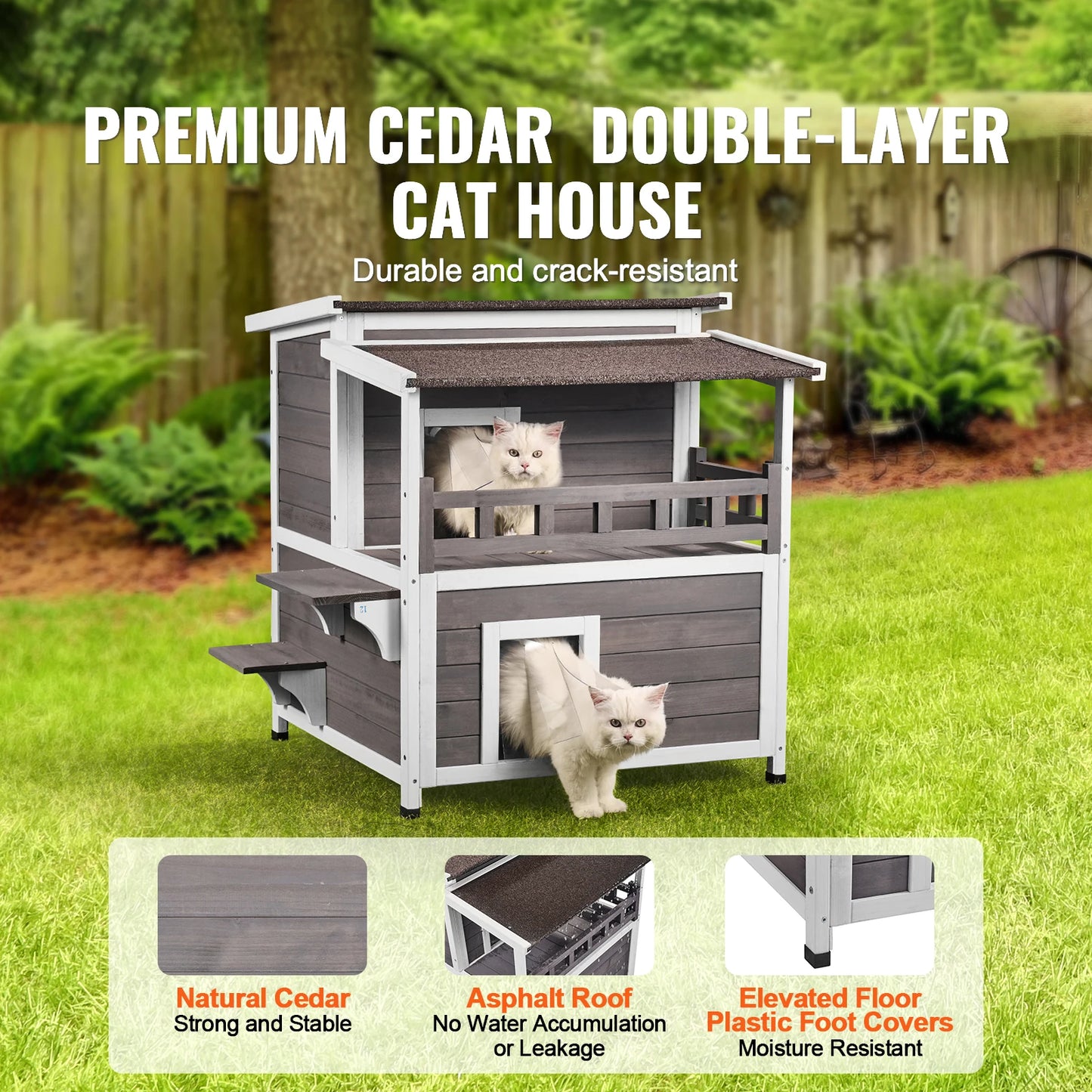 SucceBuy Outdoor Cat House Weatherproof 2-Story Wooden Shelter With Balcony