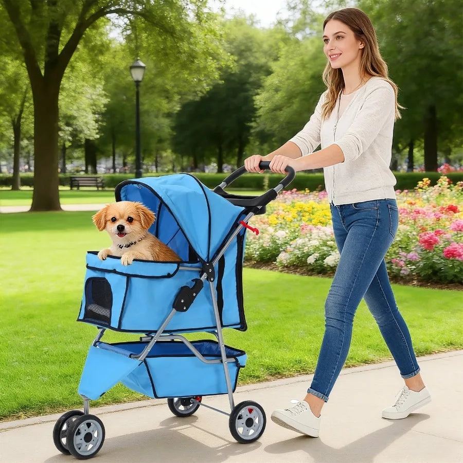 Three Wheel Folding Pet Stroller With Cup Holder And Storage