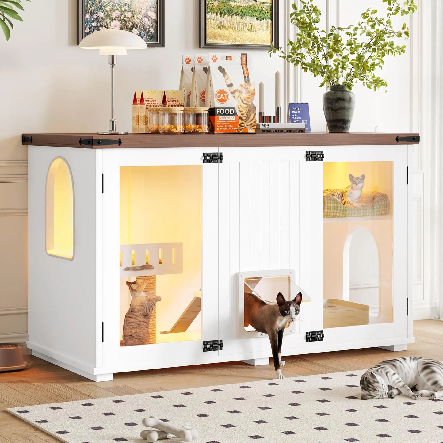 Cat House Litter Box Enclosure LED Light And Stairs