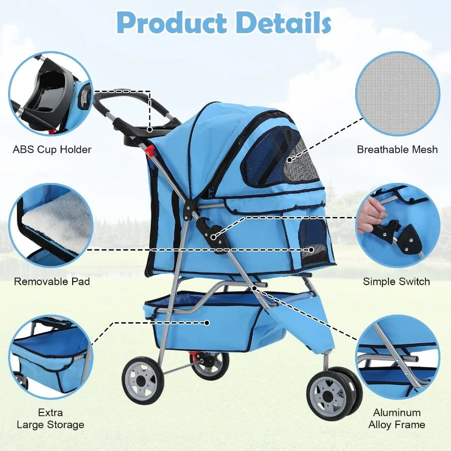 Three Wheel Folding Pet Stroller With Cup Holder And Storage
