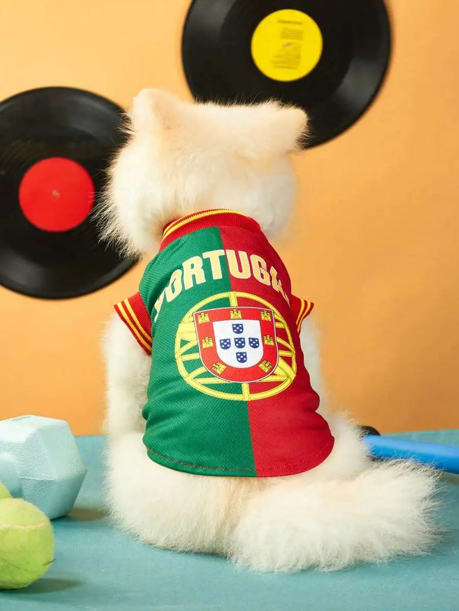 Mexican National Team Style Pet Jersey, Size 15, Striped With English Number Print, Contrast Color Collar And Ribbed Cuffs