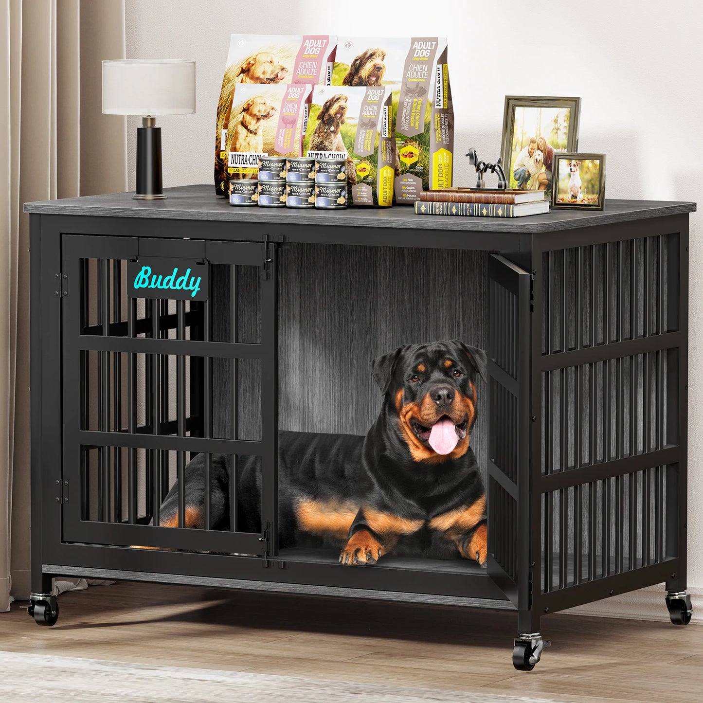 Heavy Duty Dog Crate Furniture With Casters For Large Dogs