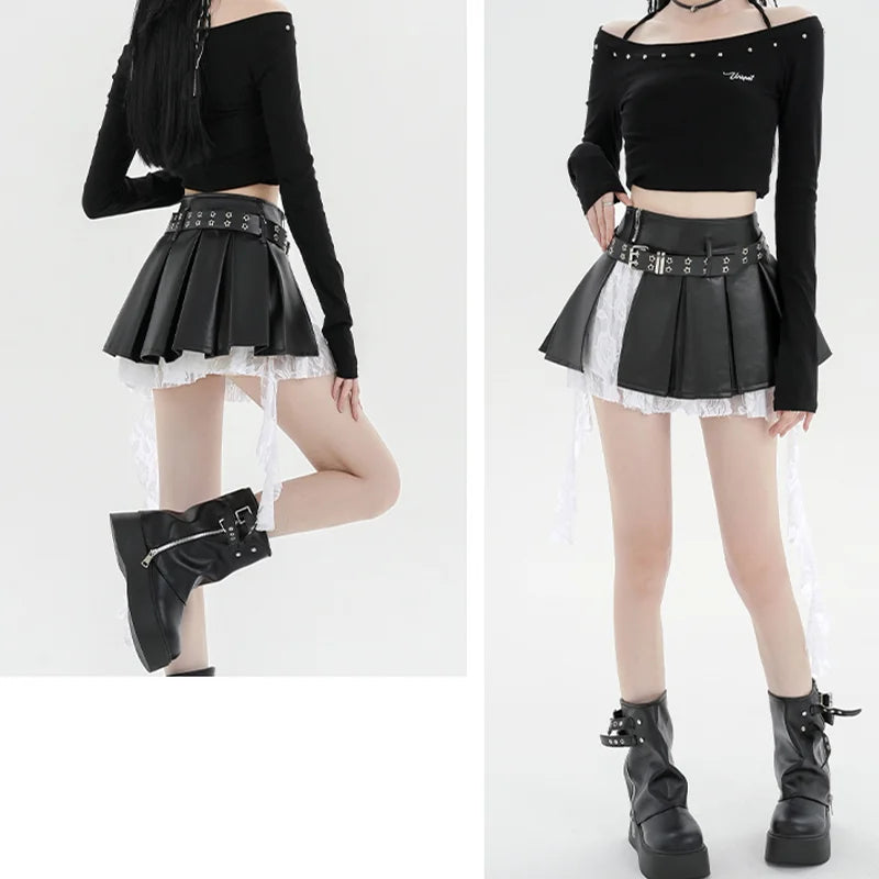 Women's Black Gothic Spliced Lace Edge A-line Mini Skirt Y2K Harajuku 2000s Style Academy Retro Cute Short Skirt Clothing 2024