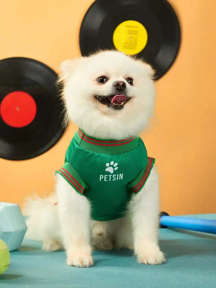 Mexican National Team Style Pet Jersey, Size 15, Striped With English Number Print, Contrast Color Collar And Ribbed Cuffs