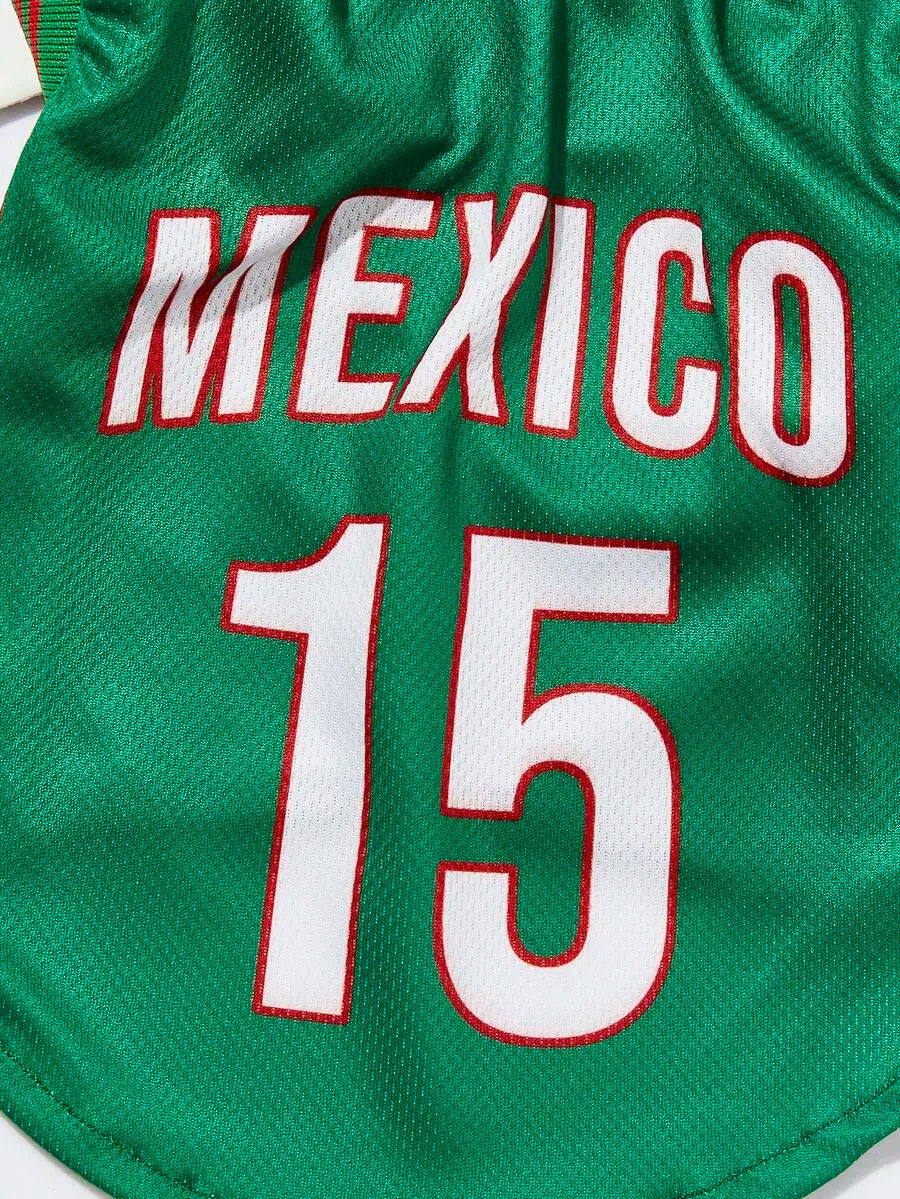 Mexican National Team Style Pet Jersey, Size 15, Striped With English Number Print, Contrast Color Collar And Ribbed Cuffs