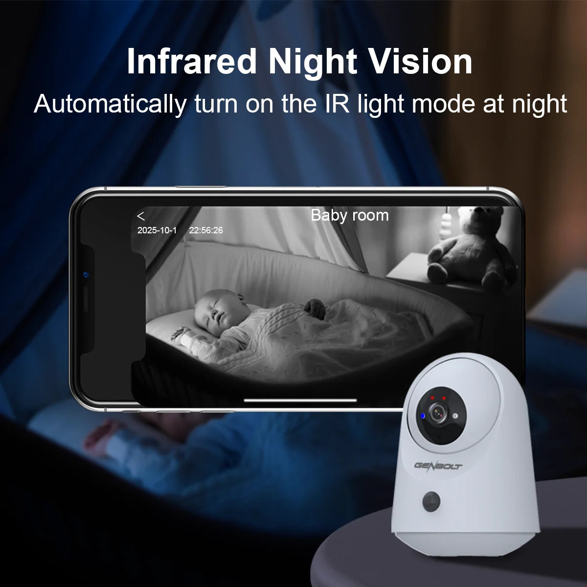 GENBOLT 5000mAh Battery 2K Security Camera, WiFi Indoor Pan Tilt PIR Motion Detection, for Home Baby Nanny Pet Monitoring