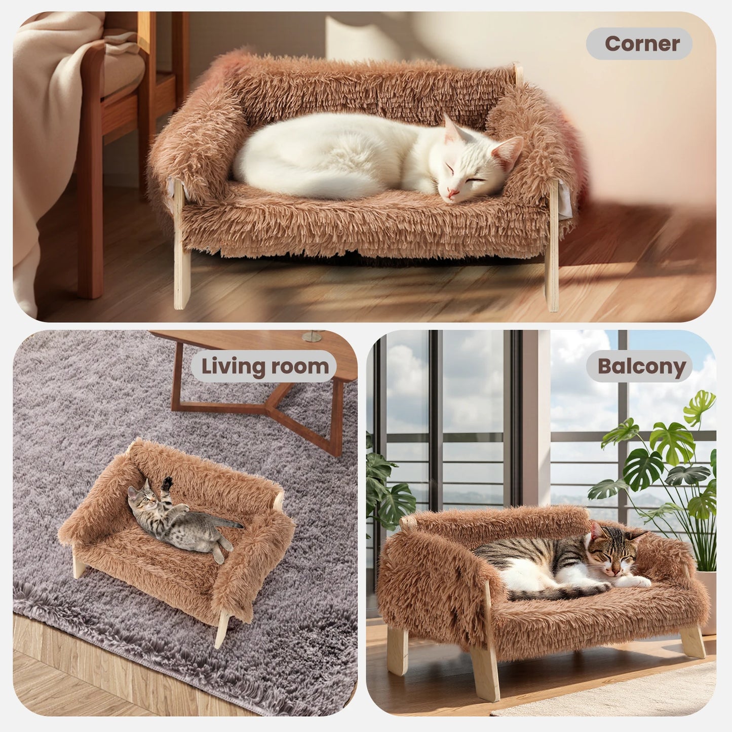Wooden Leg Raised Cat Sofa Bed With Plush Cushion For Indoor Cats