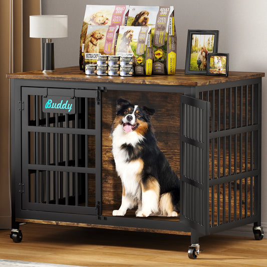 Heavy Duty Dog Crate Furniture With Casters For Large Dogs