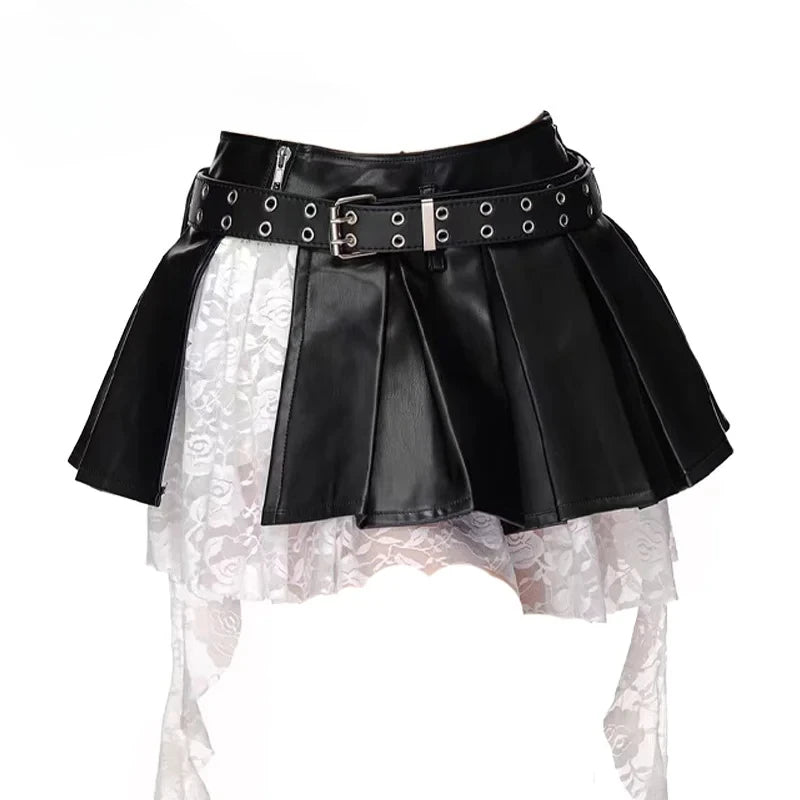 Women's Black Gothic Spliced Lace Edge A-line Mini Skirt Y2K Harajuku 2000s Style Academy Retro Cute Short Skirt Clothing 2024