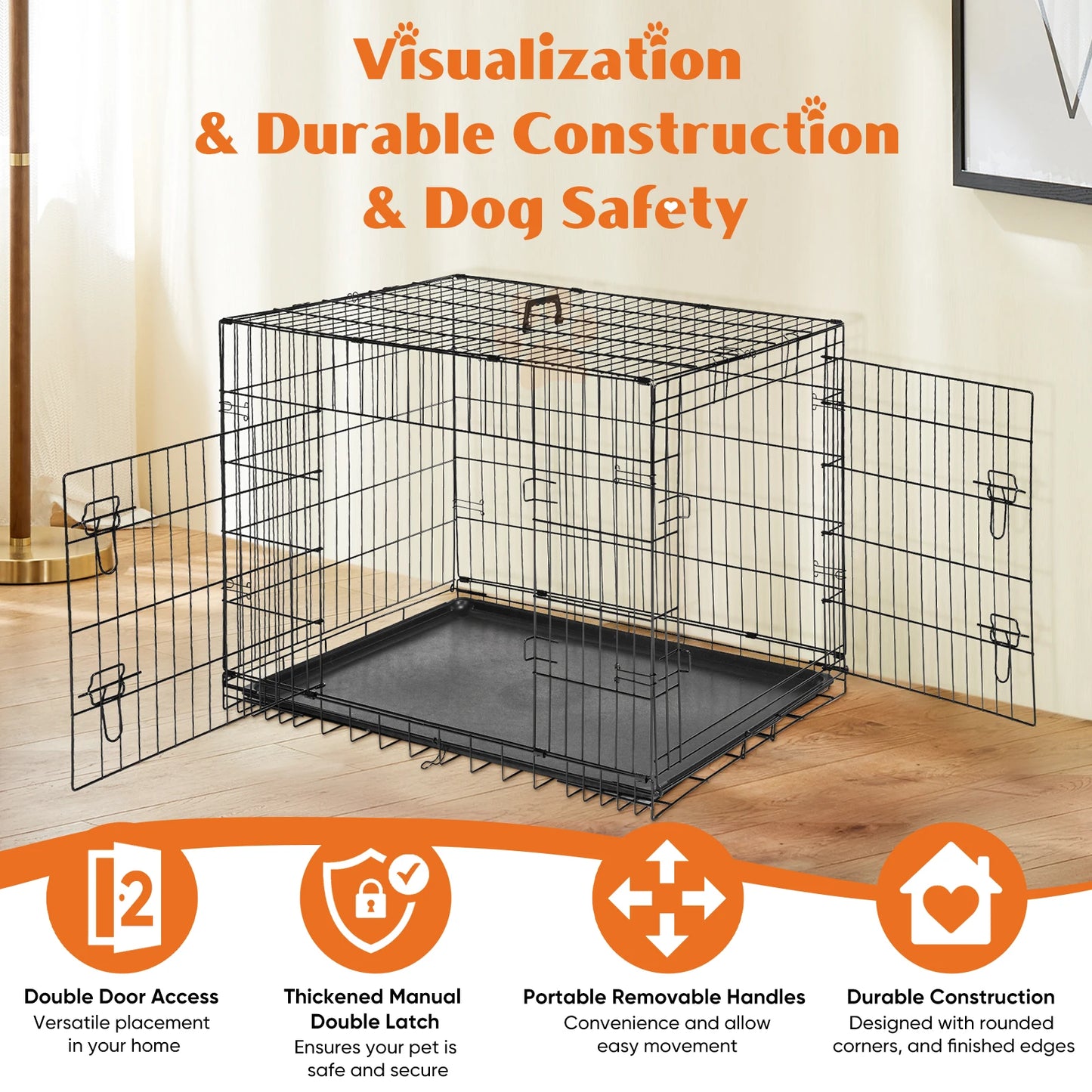 JHK Folding Metal Wire Dog Cage With Leak-Proof Tray