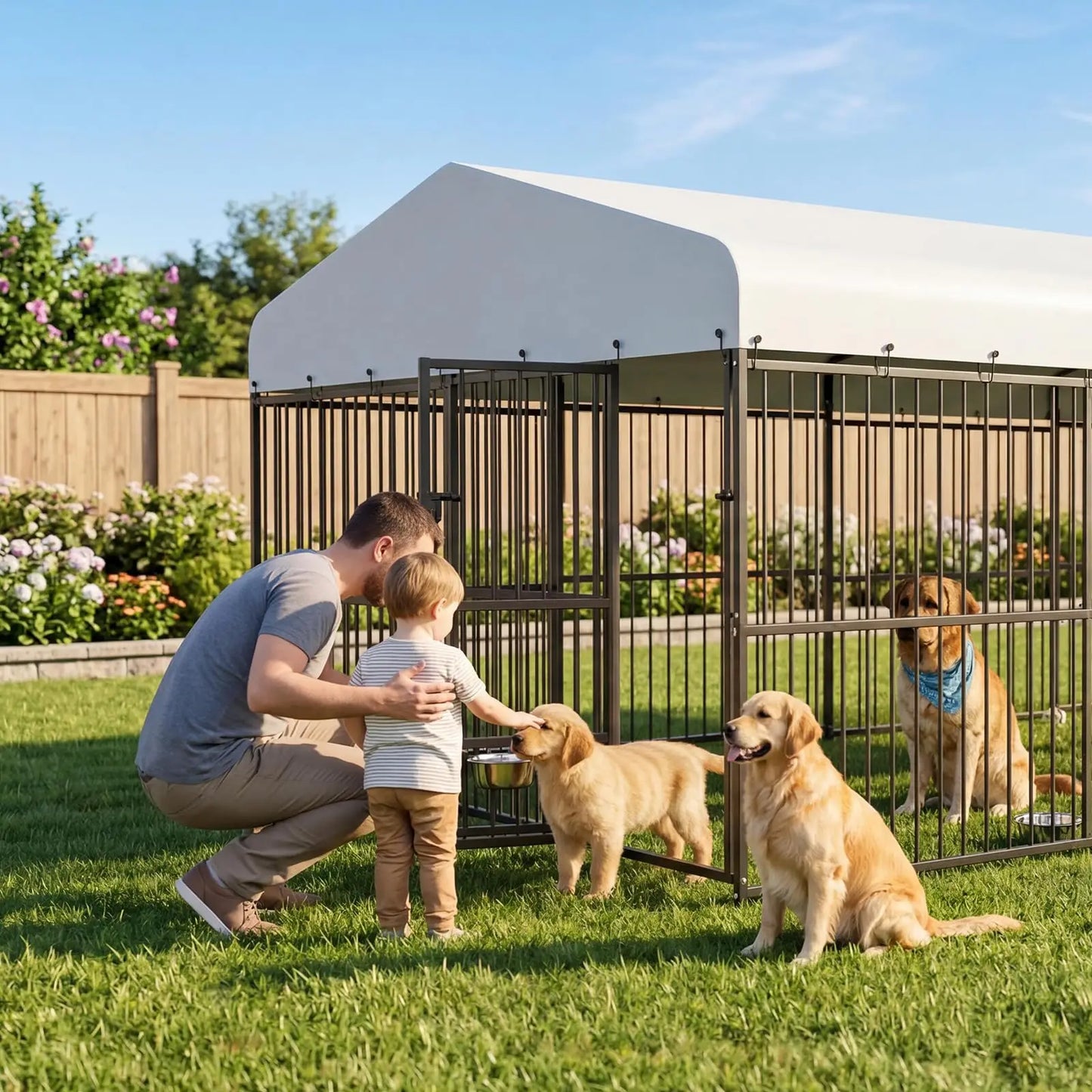10x15/10x20 FT Heavy Duty Large Outdoor Dog Kennel Metal Pet Enclosure With Waterproof Cover & Feeding Door Backyard Pet Plaype