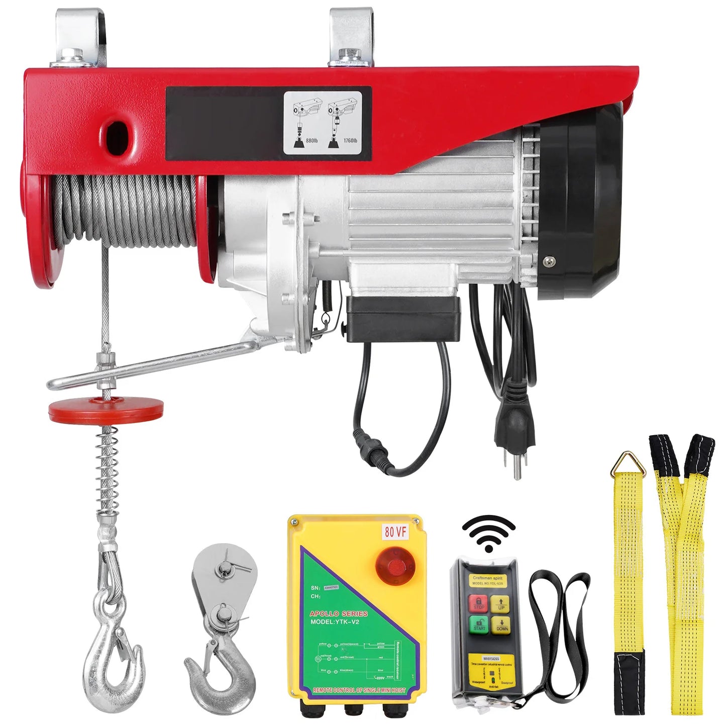 SucceBuy 1320/1760/2200LBS Electric Cable Hoist Winch with Wireless Remote Control & Emergency Stop for Garage Warehouse Lifting