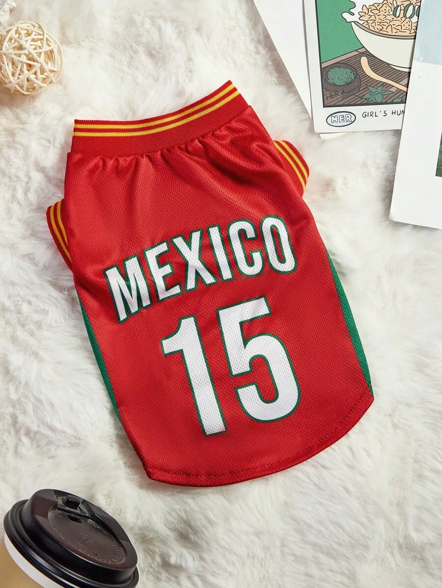 Mexican National Team Style Pet Jersey, Size 15, Striped With English Number Print, Contrast Color Collar And Ribbed Cuffs