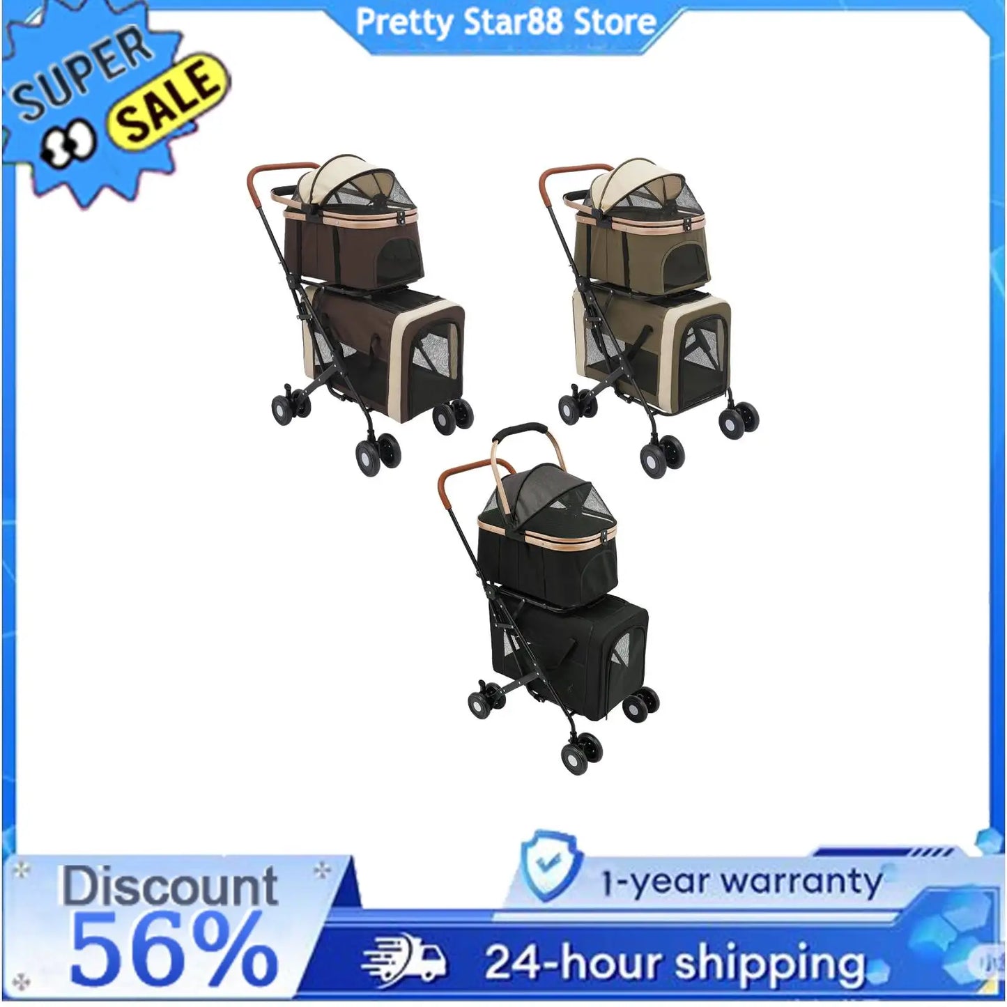 Bymaocar Foldable Pet Stroller For Small And Medium Dogs 2 Tiers 35kg