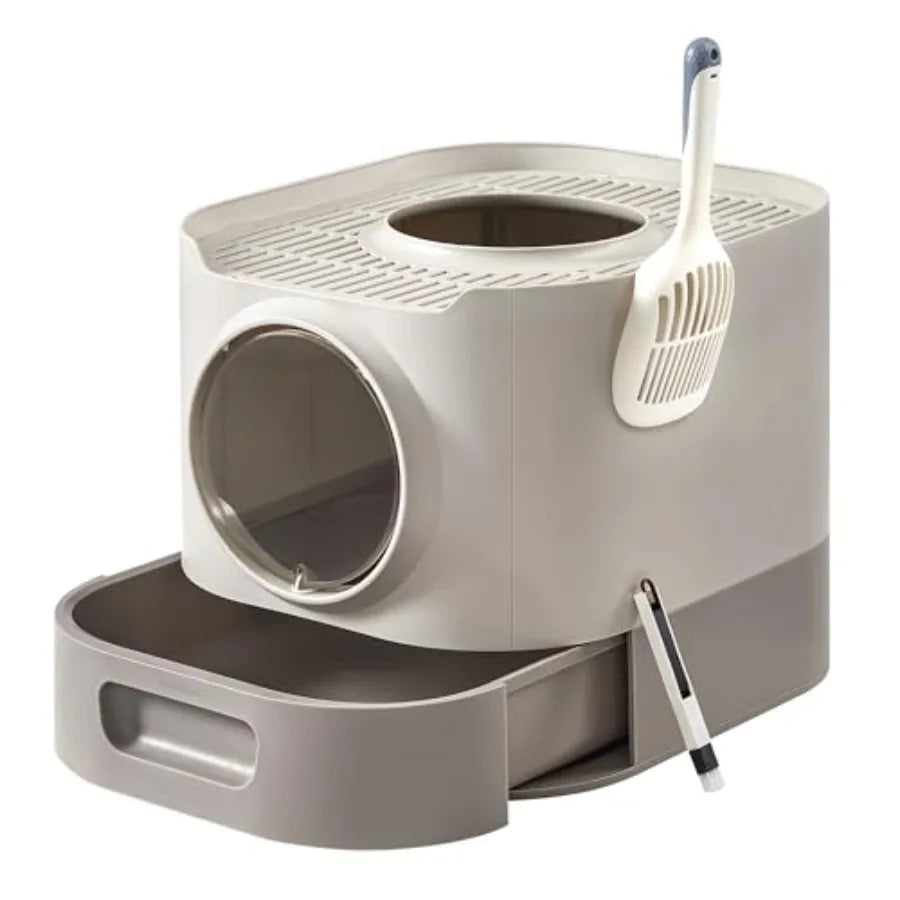 Cat Litter Box with Lid, XL Enclosed Litter Box with Slide-Out Tray, Scoop, Brush, Anti-Tracking, for Cats of Different Sizes,