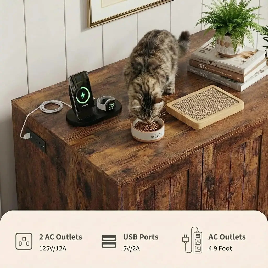 HiMISSCN Cat Litter Box Enclosure Cabinet With Built In Outlet