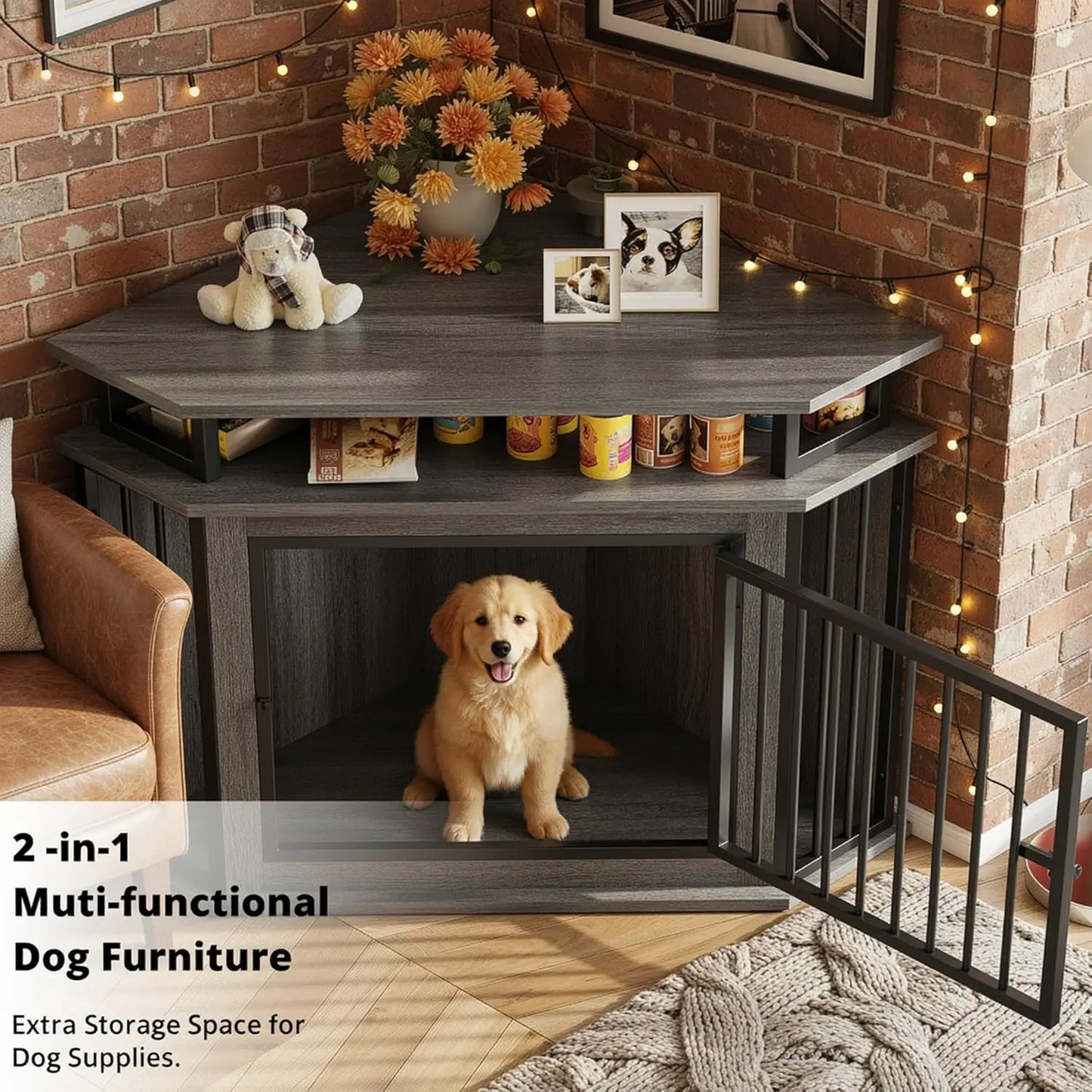 Corner Dog Crate With 2-Tier Shelves, Wooden Kennel Furniture Enclosure