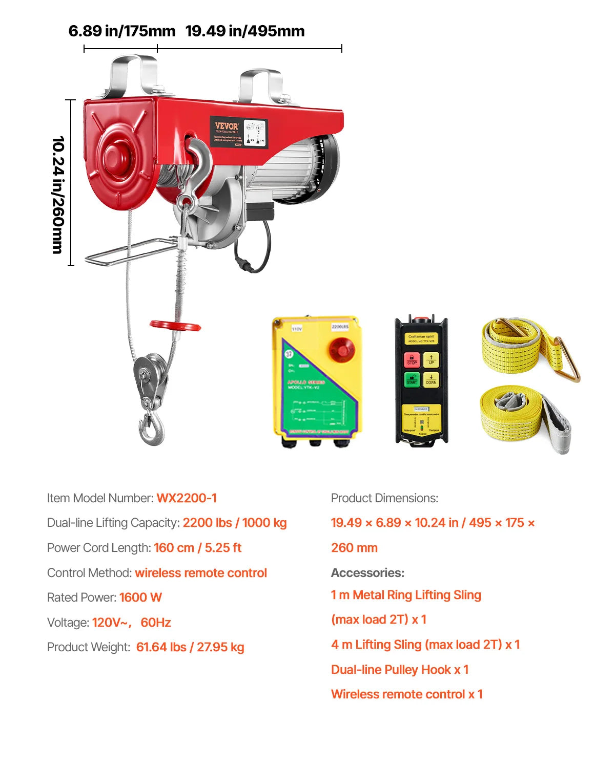 SucceBuy 1320/1760/2200LBS Electric Cable Hoist Winch with Wireless Remote Control & Emergency Stop for Garage Warehouse Lifting